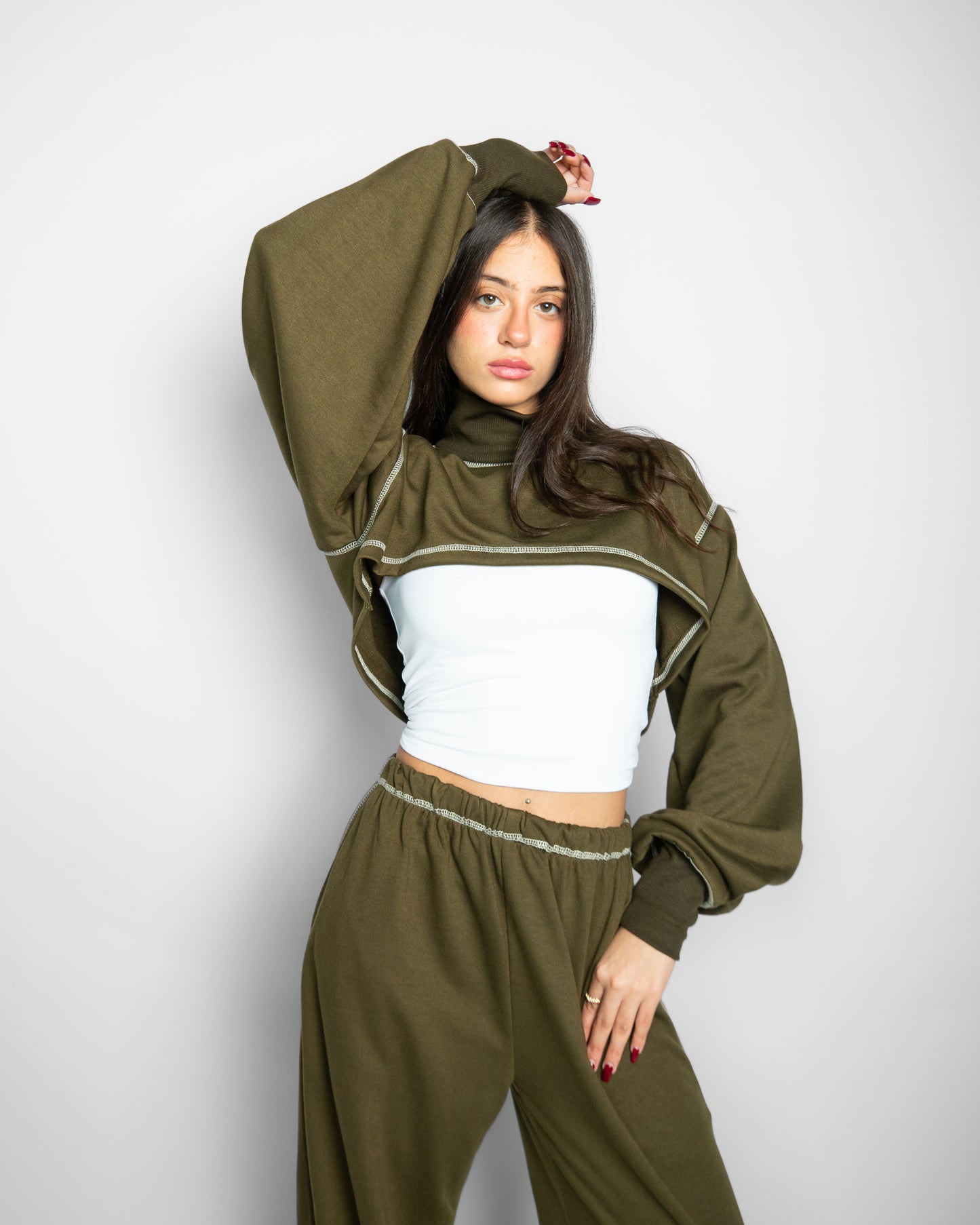 High V neck Cropped Top - OLIVE