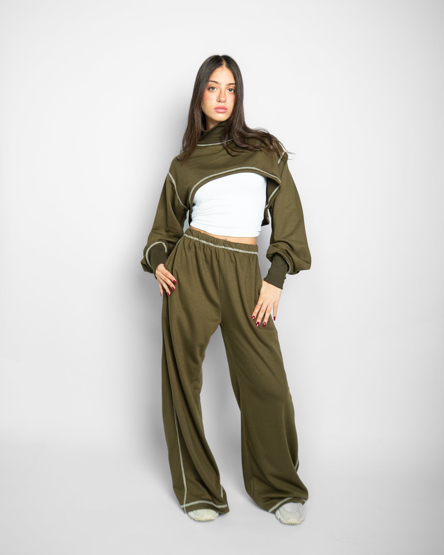 High V neck Cropped Top - OLIVE