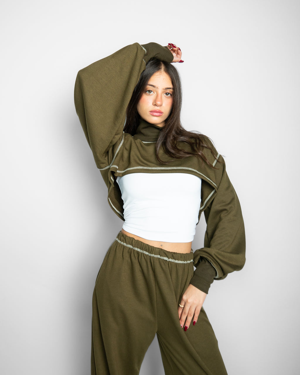 High V neck Cropped Top - OLIVE