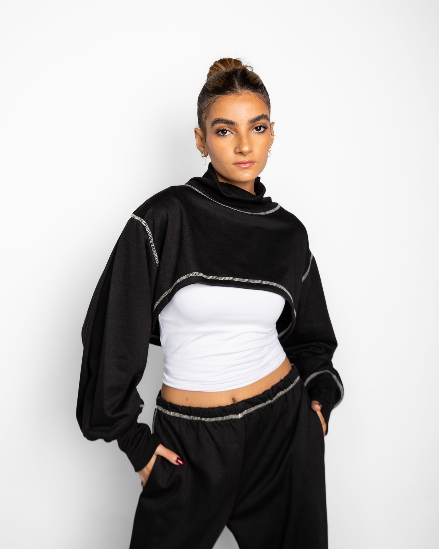 High V neck Cropped Top - BLACK